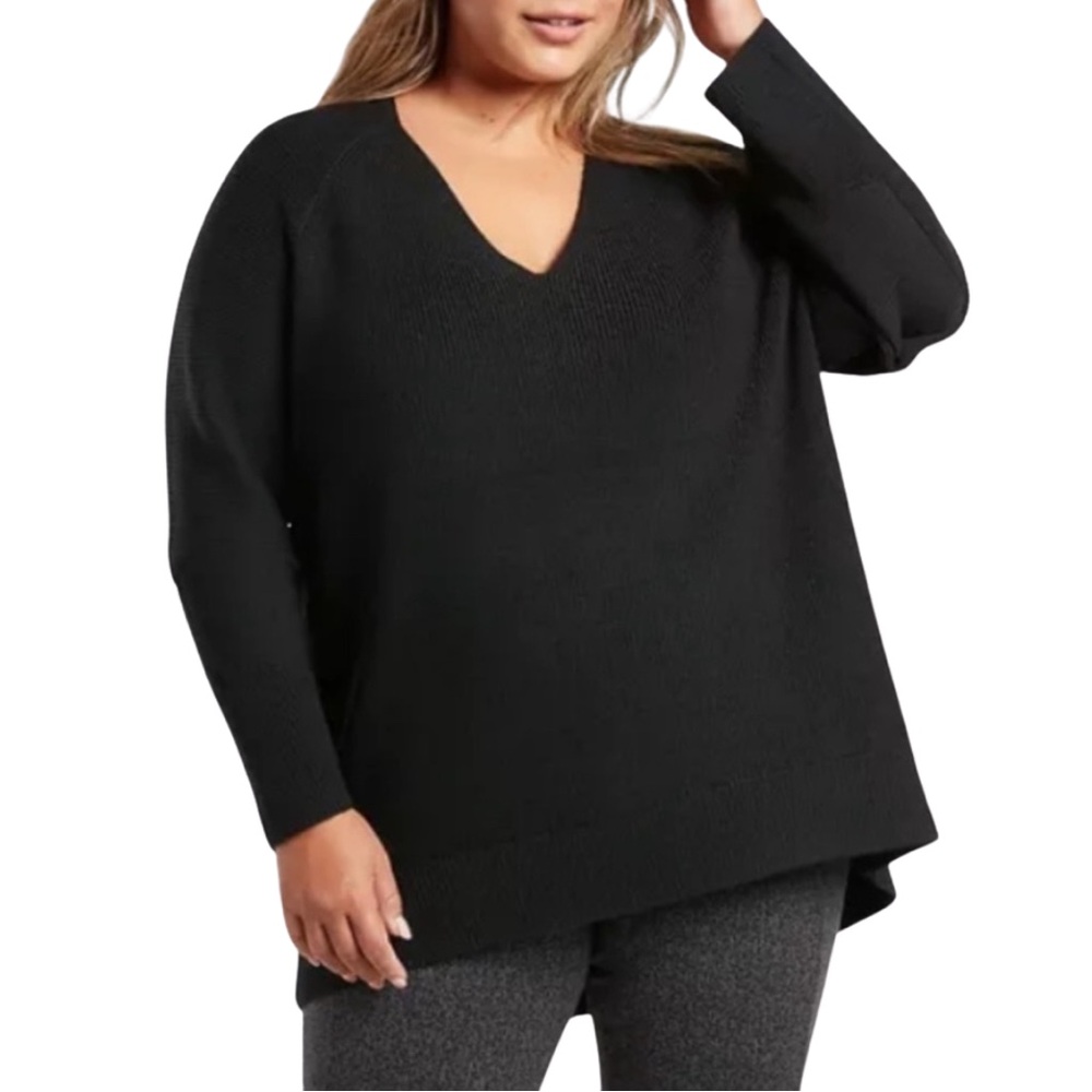 Athleta Hanover Refined V-Neck Sweater Black Merino Wool Blend Classic Womens 1X